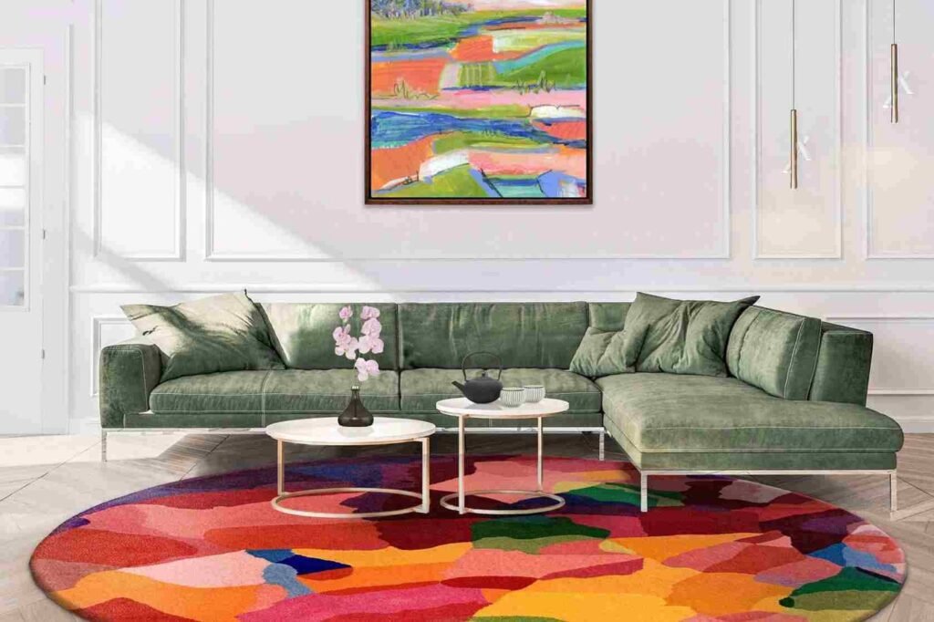 Colorful round rug under sofa
