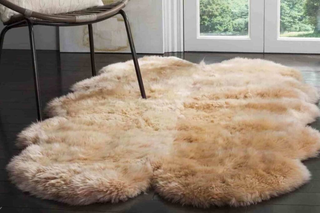 Plush sheepskin rug by chair