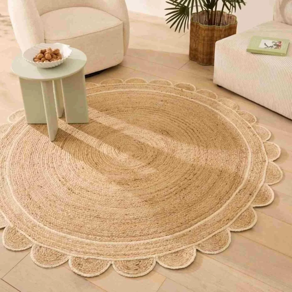 Scalloped edge round jute rug
