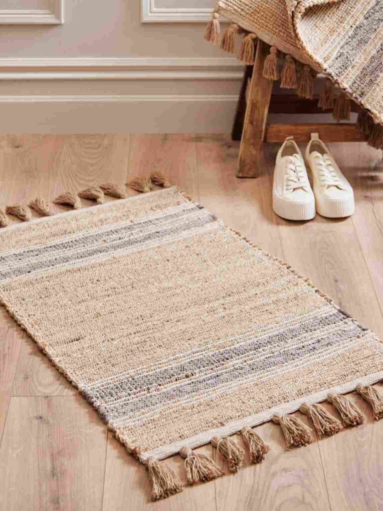 Tasselled jute rug wooden floor