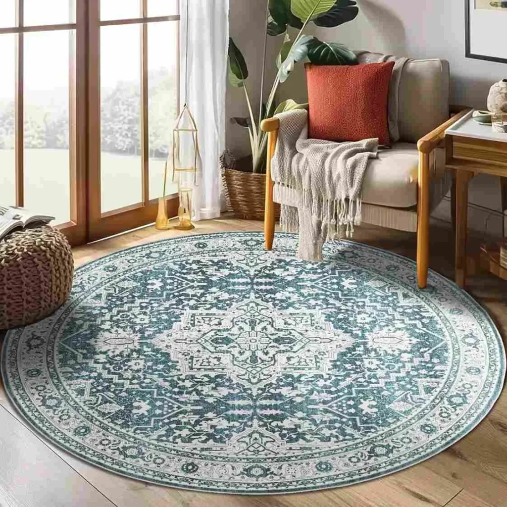 Teal vintage patterned round rug